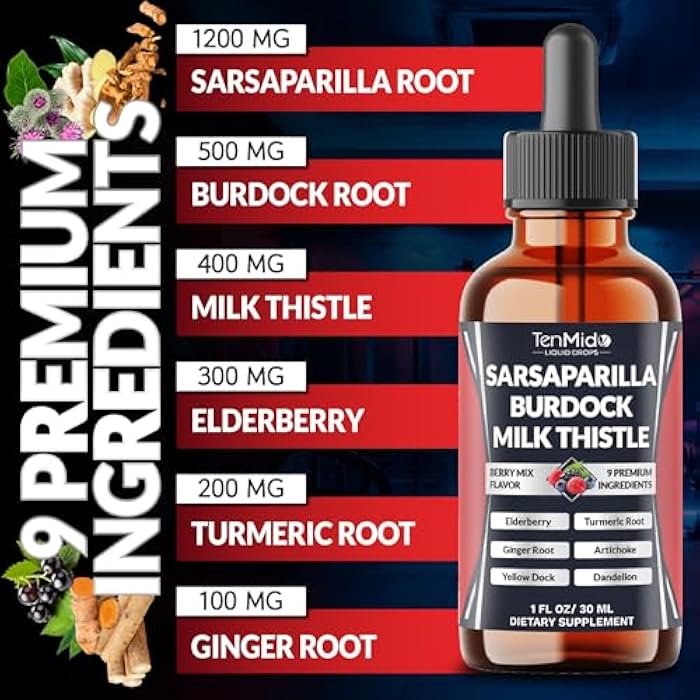 Tenmido Sarsaparilla Root Tincture - 9in1 with Burdock Root, Milk Thistle, Turmeric, Ginger, Artichoke, Yellow Dock and Dandelion - Vegan, Non-GMO | 30ml 1Fl Oz - Image 3