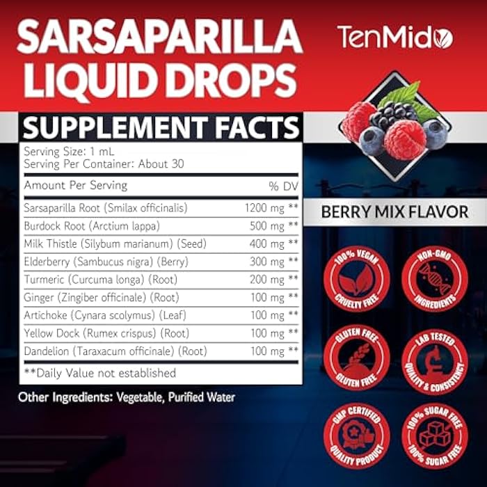 Tenmido Sarsaparilla Root Tincture - 9in1 with Burdock Root, Milk Thistle, Turmeric, Ginger, Artichoke, Yellow Dock and Dandelion - Vegan, Non-GMO | 30ml 1Fl Oz - Image 2
