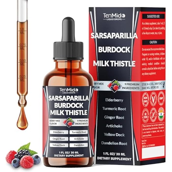 Tenmido Sarsaparilla Root Tincture - 9in1 with Burdock Root, Milk Thistle, Turmeric, Ginger, Artichoke, Yellow Dock and Dandelion - Vegan, Non-GMO | 30ml 1Fl Oz - Image 1