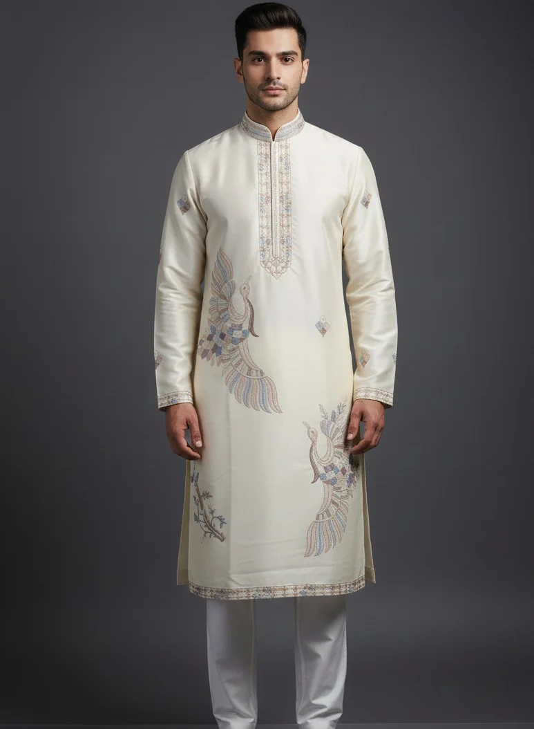 Lehar طقم كورتا حريري بلون العاج مع تطريز طاووس ملون معقد