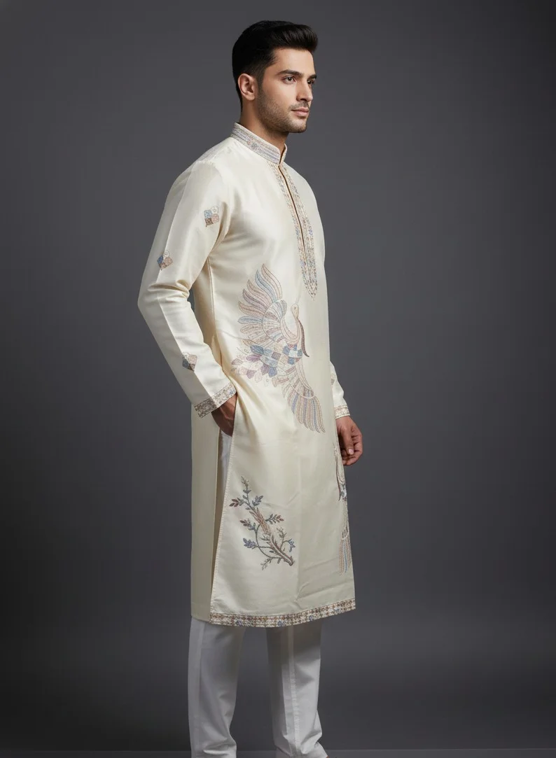 Lehar طقم كورتا حريري بلون العاج مع تطريز طاووس ملون معقد