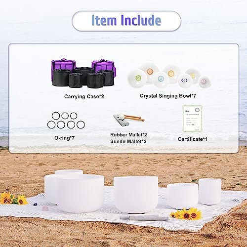 CVNC 440HZ 6"-12" Set of 7 Paternoster Frosted Quartz Crystal Singing Bowl Set for Chakra Healing with 2 pcs Carrying Case - Image 4