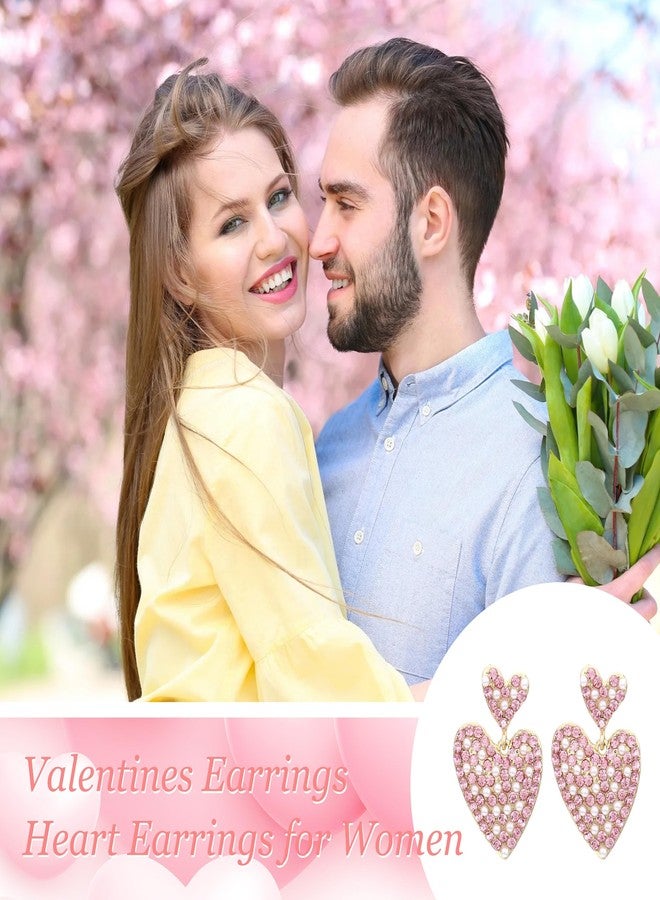 Frodete Rhinestone Heart Earrings Valentines Earrings for Women Pink Heart Dangle Earrings Pearl Heart Earrings Jewelry for Party Prom Dating Women Girls - Image 5