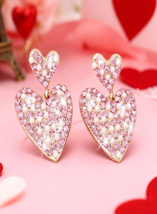 Frodete Rhinestone Heart Earrings Valentines Earrings for Women Pink Heart Dangle Earrings Pearl Heart Earrings Jewelry for Party Prom Dating Women Girls - Image 4