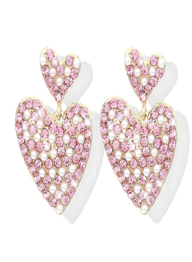 Frodete Rhinestone Heart Earrings Valentines Earrings for Women Pink Heart Dangle Earrings Pearl Heart Earrings Jewelry for Party Prom Dating Women Girls - Image 1