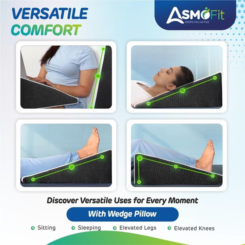 Asmofit وسادة ويدج بلس للنوم وتخفيف ارتجاع الحمض دعم مريح للنوم/فوم الذاكرة وفوم عالي المرونة، وسادة ويدج تقويمية لرفع الساقين - (أسود - عبوة من 1) - Image 2