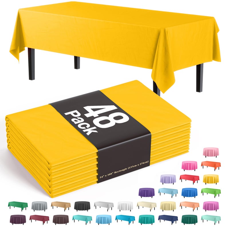 Party Solids Yellow Tablecloths for Rectangle Tables 48 Pack Plastic Table Cloth Disposable 54 X 108 Yellow Table Cloths Rectangle Tablecloth Plastic Tablecloths Rectangular for Party Supplies
