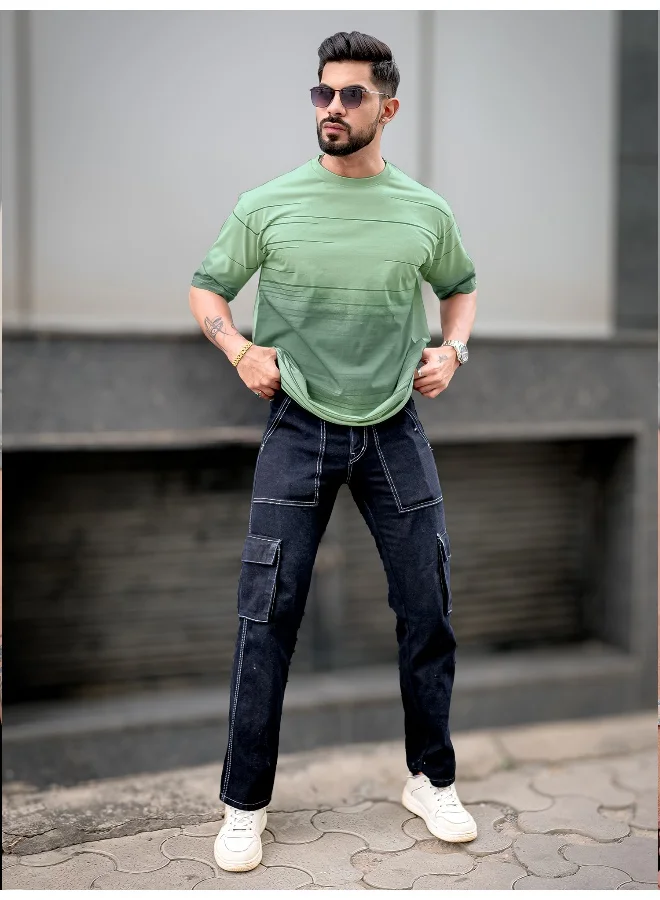 Maniac Mens Spray Print Round Neck 3/4th Sleeve Berly Green Cotton Oversized T-Shirt