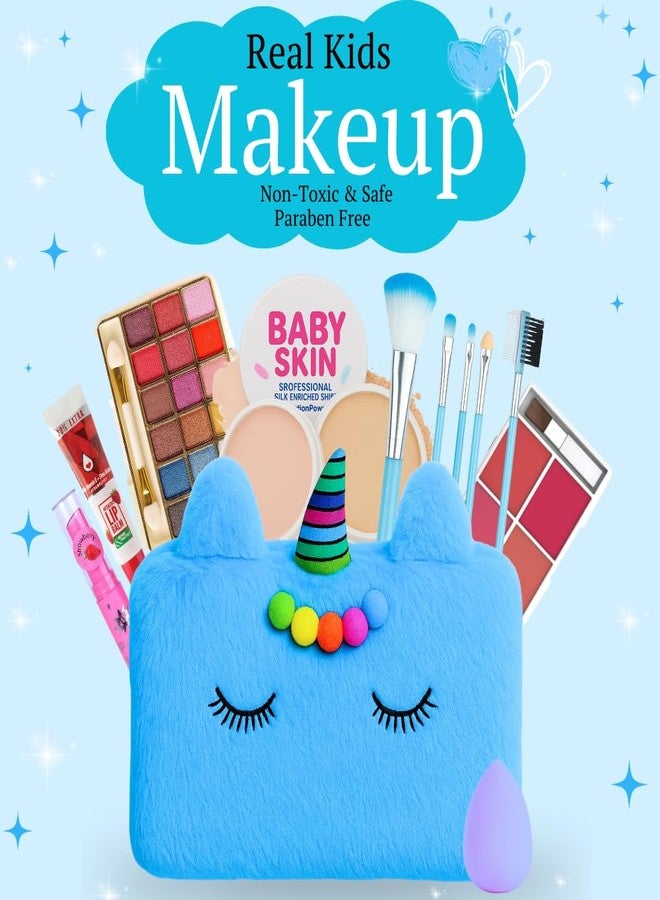 Linivya Real Makeup Kit for Girls & Teens - 16 PCS Safe & Washable Beauty Set with Unicorn Blue Fur Bag - Non-Toxic Cosmetics for Ages 7-16 - Gift Set with Brushes, Lip Gloss, Blush & More - Image 2