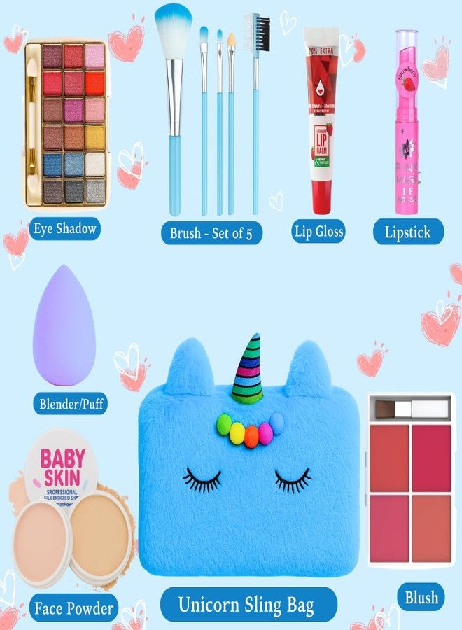 Linivya Real Makeup Kit for Girls & Teens - 16 PCS Safe & Washable Beauty Set with Unicorn Blue Fur Bag - Non-Toxic Cosmetics for Ages 7-16 - Gift Set with Brushes, Lip Gloss, Blush & More - Image 3