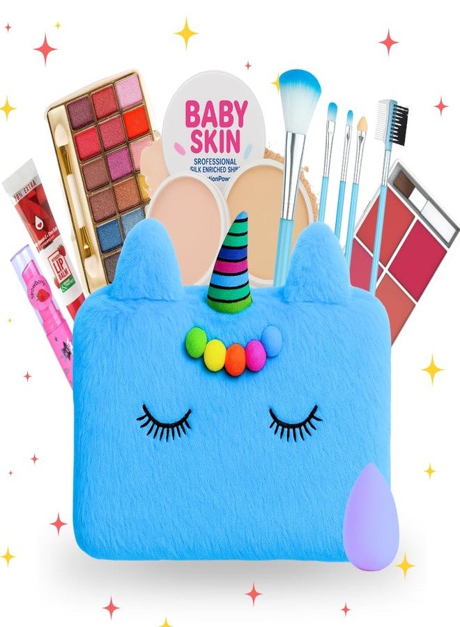 Linivya Real Makeup Kit for Girls & Teens - 16 PCS Safe & Washable Beauty Set with Unicorn Blue Fur Bag - Non-Toxic Cosmetics for Ages 7-16 - Gift Set with Brushes, Lip Gloss, Blush & More - Image 1