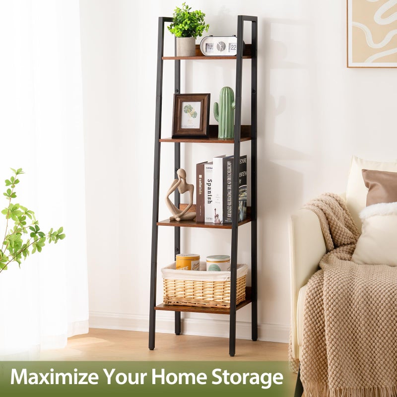 Yoobure Ladder Shelf, 4 Tier Tall Ladder Bookshelf Corner Shelf, Industrial Book Shelf Ladder Bookcase Narrow, Standing Storage Shelves Display Shelf for Bedroom Living Room Office Kitchen Bathroom - Image 2