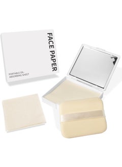 BOROLA BOROLA 3-in-1 Oil Blotting Paper Set for Face 100 Sheets Oil Absorbing Sheets with Portable Mirror & Adhesive Makeup Puff, Blotting Papers for Oily Skin, Design for Men & Women(White) 