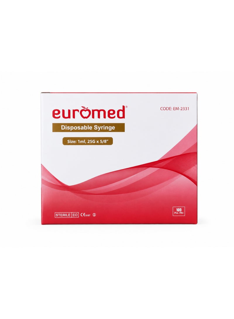 محقنة طبية معقمة للاستخدام مرة واحدة، سعة 1 مل، مقاس 25G × 5/8 بوصة، 100 قطعة | عبوة محقنة طبية معقمة