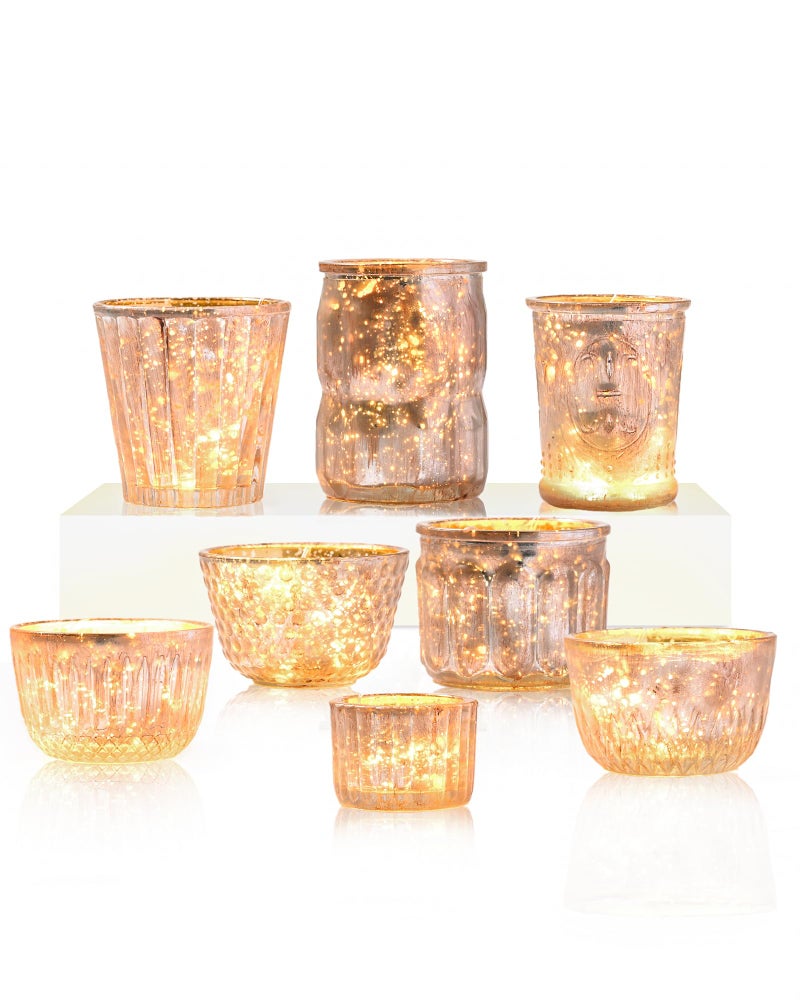 DN DECONATION 8PCS Gold Mercury Glass Candle Holder Assorted Mercury Glass Votive Candle Holders Vintage Tea Light Candle Holder for Wedding Parties Centerpieces Decorations