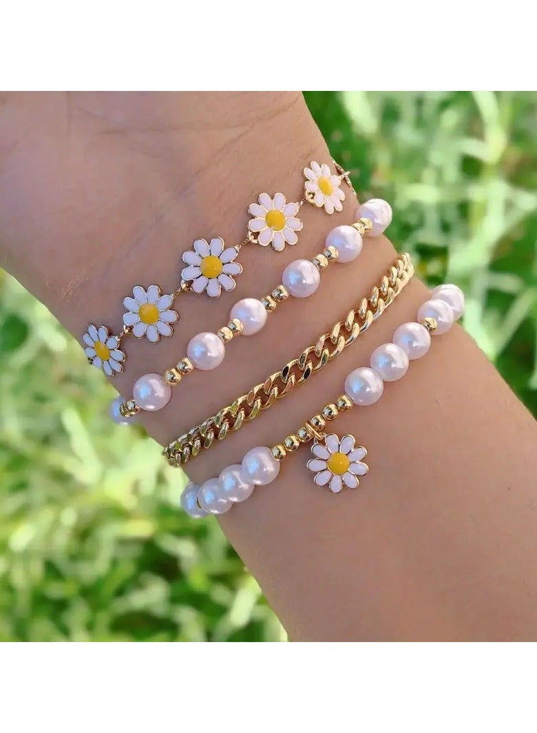 Goolsky 4pcs/Set Delicate Daisy Flower Charm & Faux Pearl Chain Bracelet Alloy Hand Jewelry Gift - Image 1