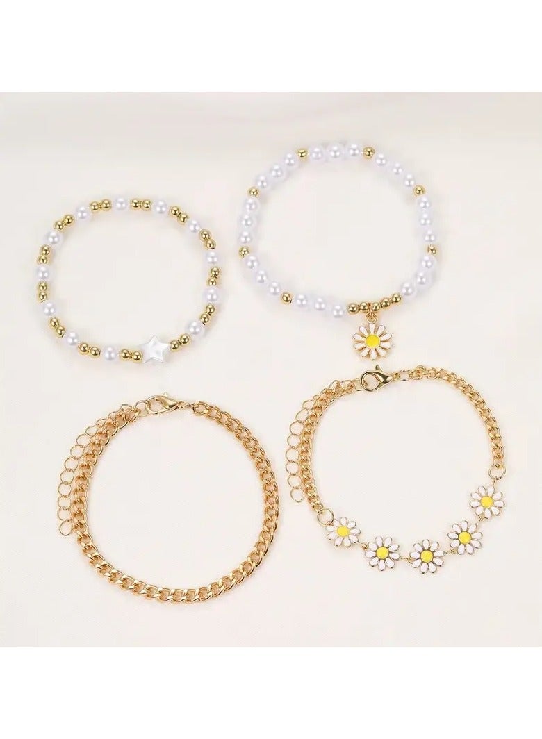 Goolsky 4pcs/Set Delicate Daisy Flower Charm & Faux Pearl Chain Bracelet Alloy Hand Jewelry Gift - Image 2
