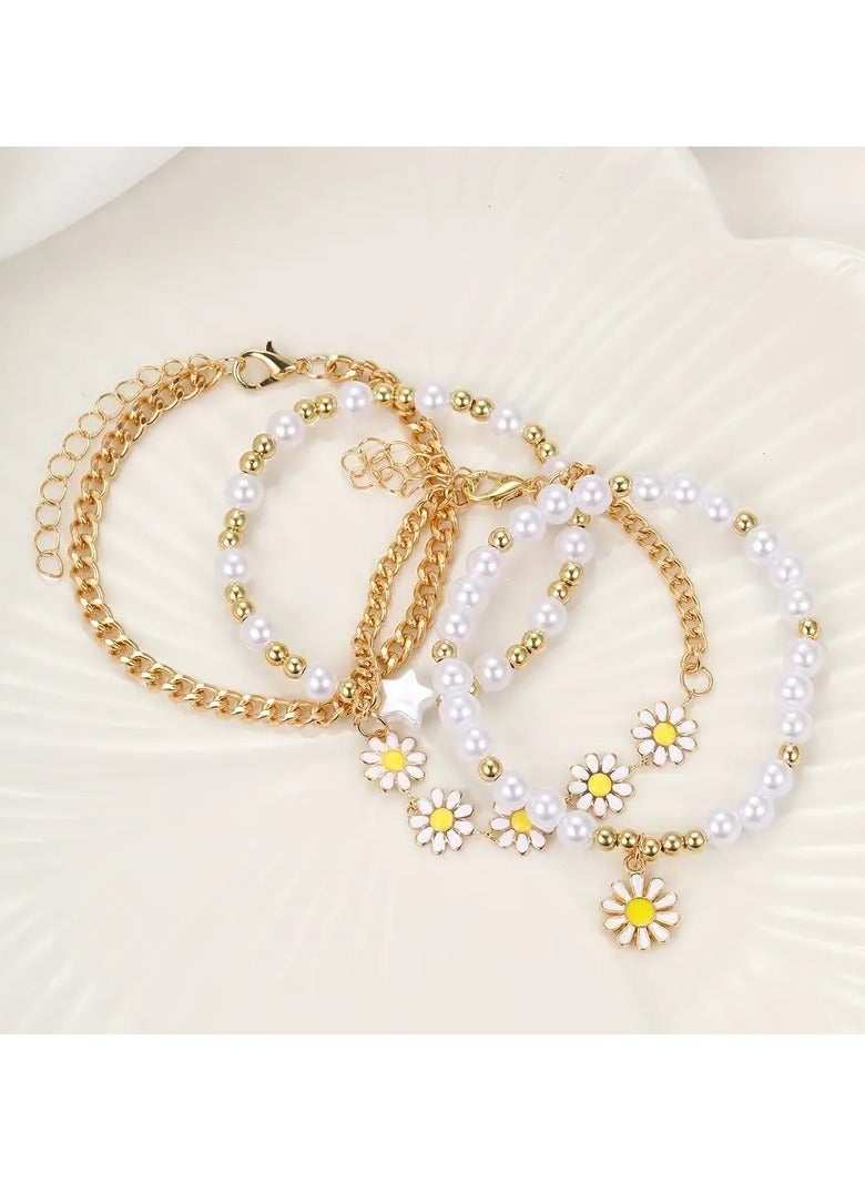 Goolsky 4pcs/Set Delicate Daisy Flower Charm & Faux Pearl Chain Bracelet Alloy Hand Jewelry Gift - Image 3