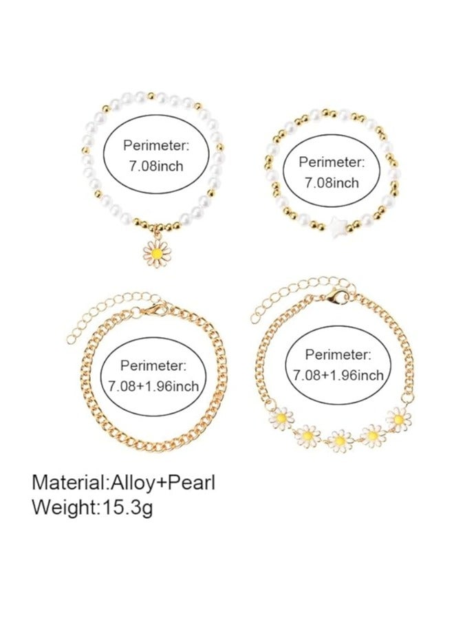 Goolsky 4pcs/Set Delicate Daisy Flower Charm & Faux Pearl Chain Bracelet Alloy Hand Jewelry Gift - Image 4