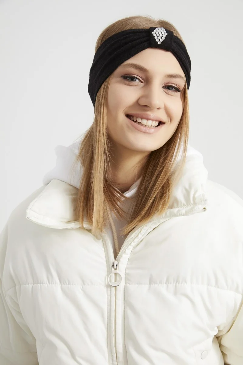 بوتيكجيز Handmade Black Knitwear Boutique Stoned Women's Bandana Hair Band, Extra Soft Local Fabric, Stylish Comfortable Eye-Catching