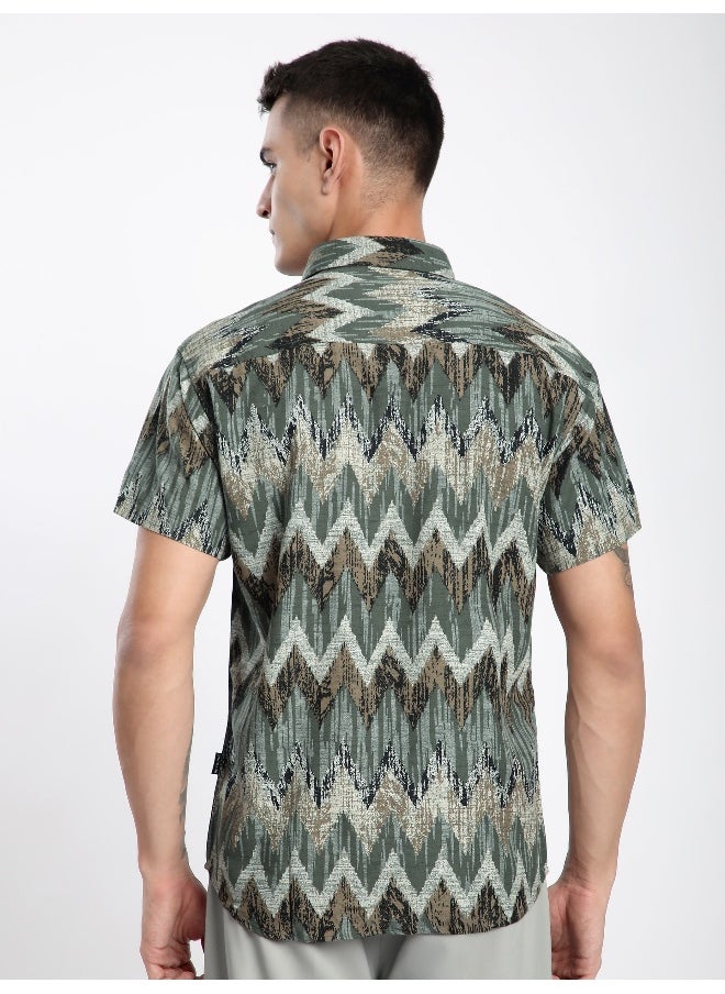 Beyoung Green Chevron Half Sleeve Viscose Shirt  - Image 2