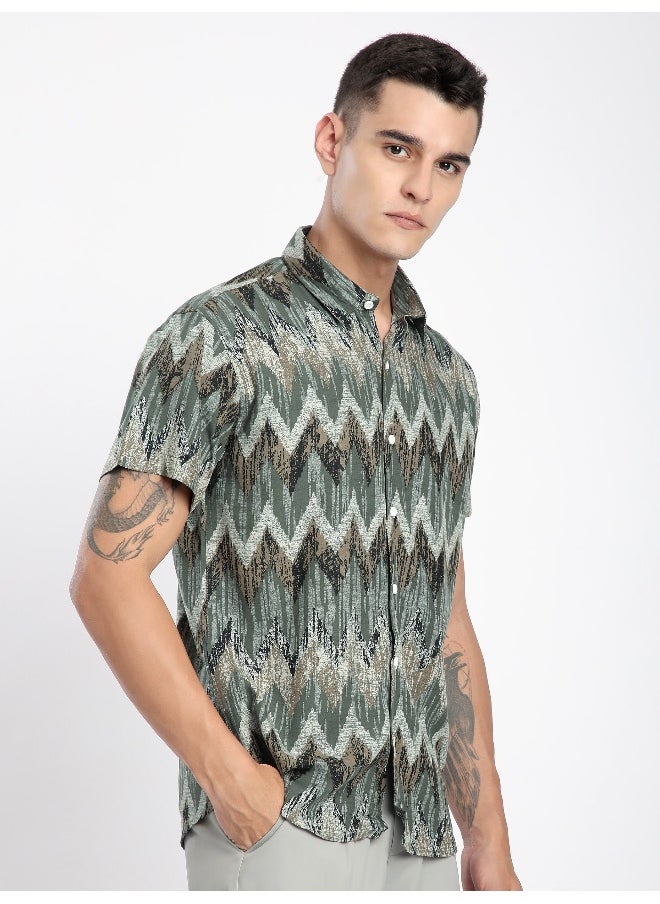 Beyoung Green Chevron Half Sleeve Viscose Shirt  - Image 4