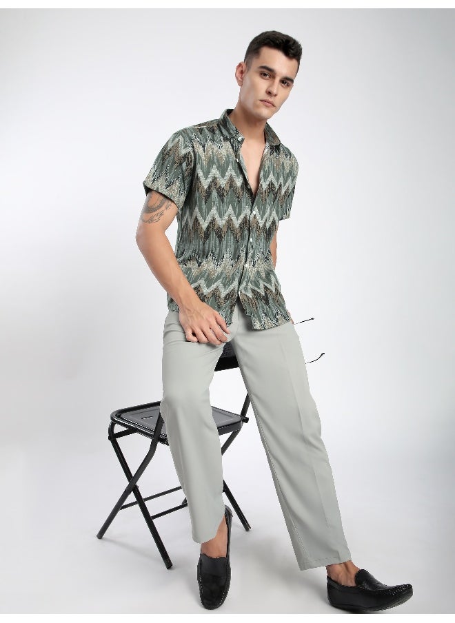Beyoung Green Chevron Half Sleeve Viscose Shirt  - Image 1