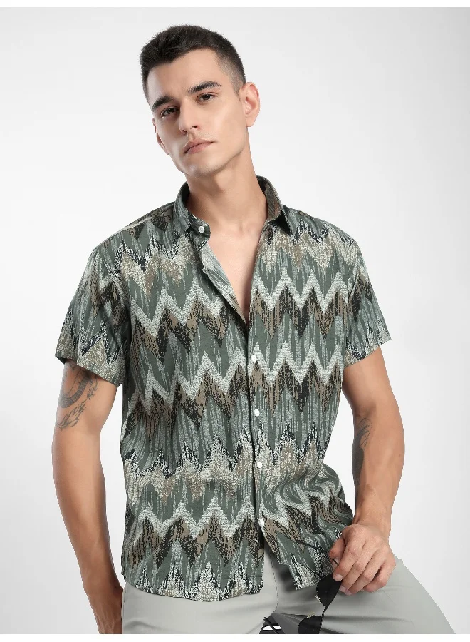 Beyoung Green Chevron Half Sleeve Viscose Shirt