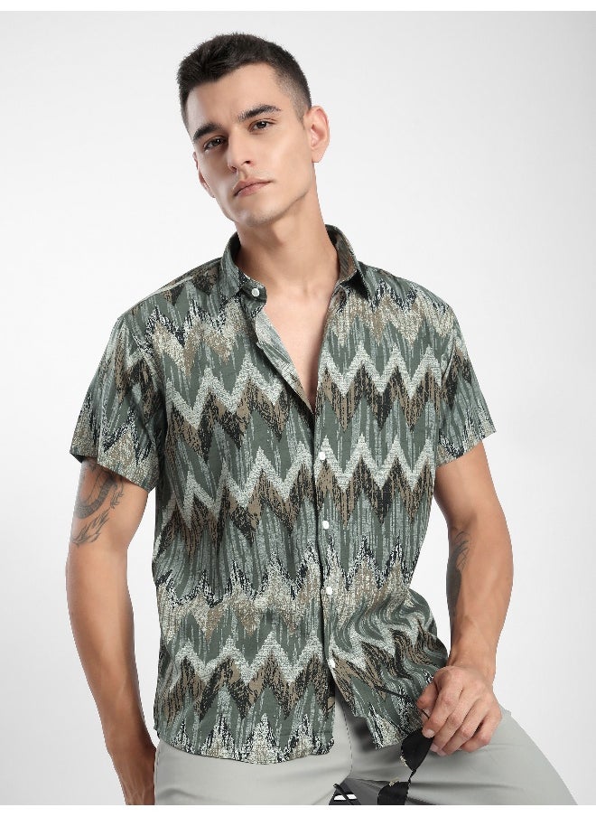 Beyoung Green Chevron Half Sleeve Viscose Shirt  - Image 5