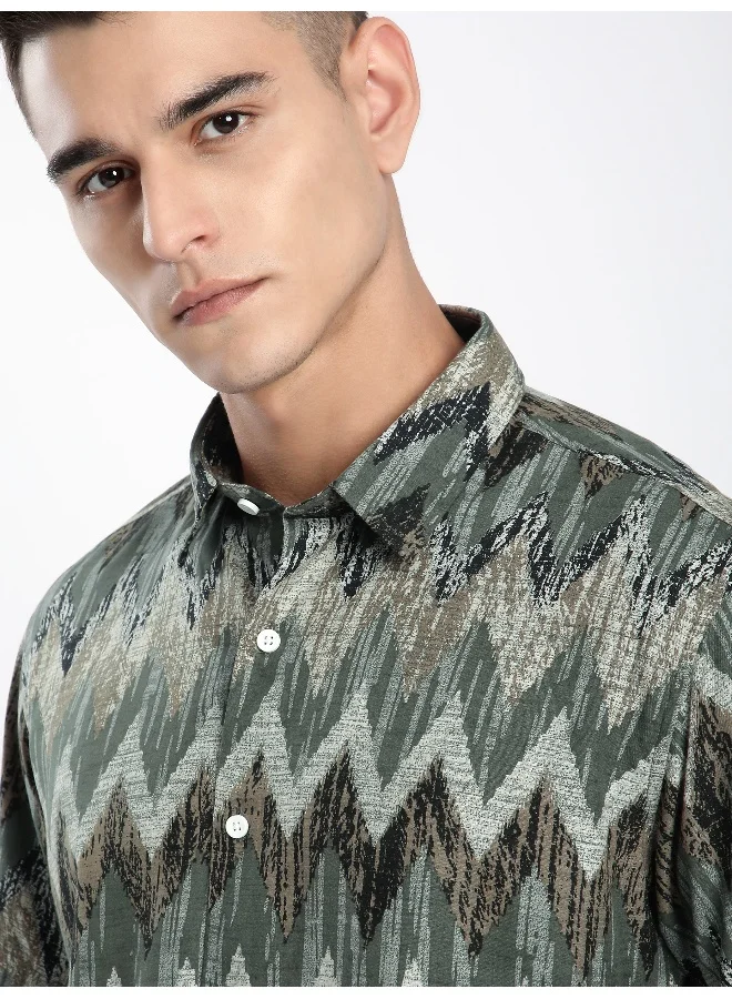 Beyoung Green Chevron Half Sleeve Viscose Shirt