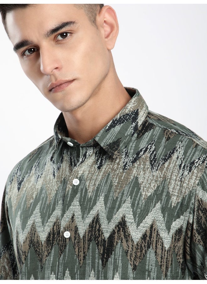 Beyoung Green Chevron Half Sleeve Viscose Shirt  - Image 3