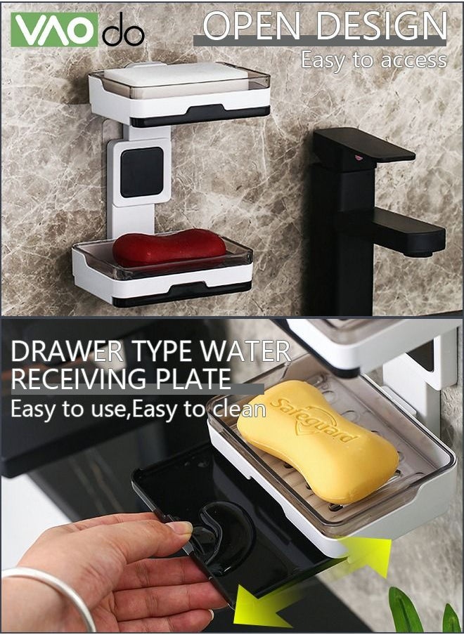 VAOdo - Double Wall-mounted Soap Dishes No Punching Traceless Soap Rack Toilet Soap Drain Box Multi-functional Bathroom Rack with Water Storage Drawer Easy to Clean Soap Rack - Image 1