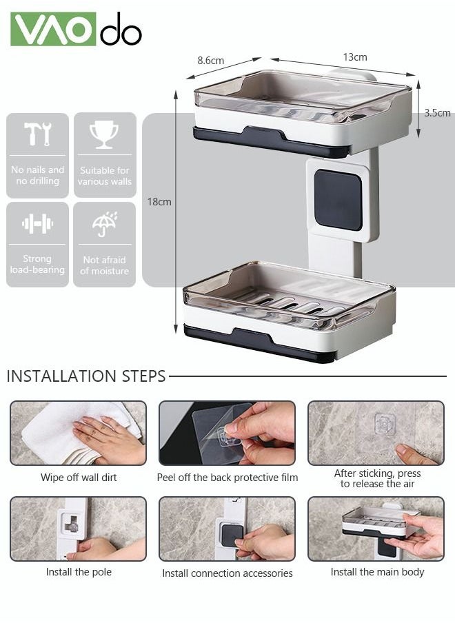VAOdo - Double Wall-mounted Soap Dishes No Punching Traceless Soap Rack Toilet Soap Drain Box Multi-functional Bathroom Rack with Water Storage Drawer Easy to Clean Soap Rack - Image 1