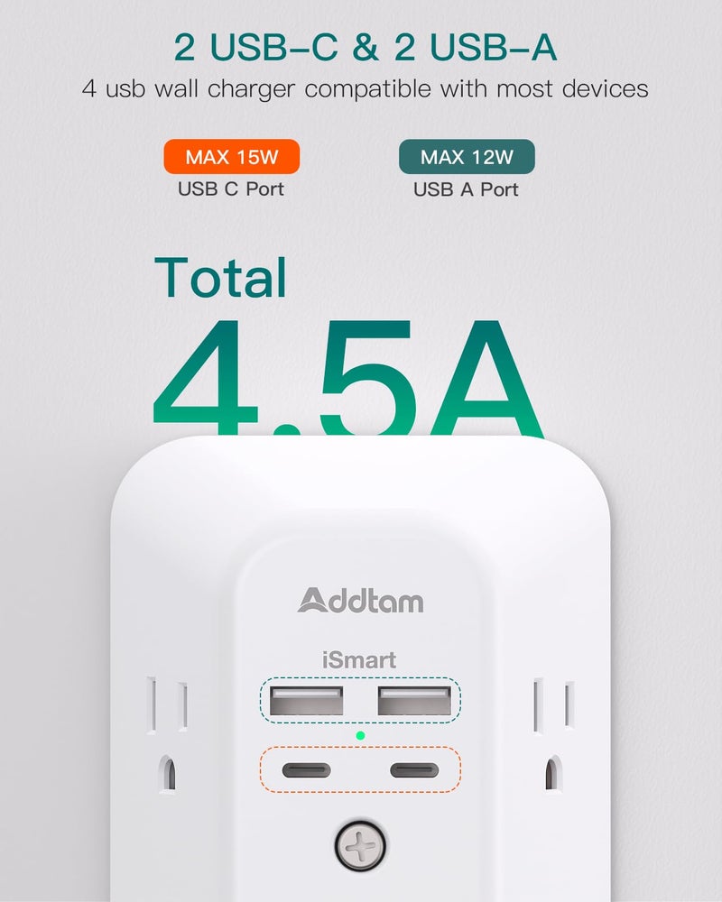 Addtam Surge Protector Outlet Extender - Addtam 5-Outlet Splitter with 4 USB Wall Charger(2 USB-C Ports), Multi Plug Outlet Power Strip for Home, Dorm Room Essentials - Image 3