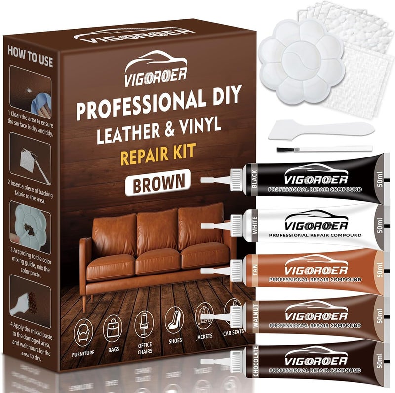 Vigorder Brown Leather Repair Kit for Furniture, Leather Couch Repair Kit for Car Interior, Sofa, Purse and Jacket, Restore Any Material with Super Easy Instructions to Fix Scratches, Tears, Holes, Peeling - Image 1