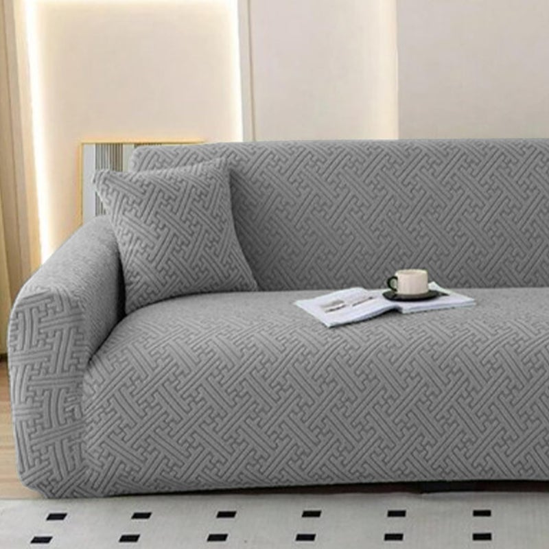 Lukzer غطاء أريكة جاكار عالمي 3 مقاعد من لوكزر مع 2 غطاء وسادة لمسة ناعمة مرن قابل للتمدد غطاء سليبكفر بتصميم شبكة رمادية داكنة فاتحة SC10403180230 سم 220 غرام لكل متر مربع - Image 3
