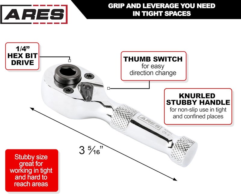 ARES 42041-1/4-Inch Drive 72-Tooth Stubby Ratchet and Bit Driver - Premium Chrome Vanadium Steel Construction & Mirror Polish Finish - Reversible Direction Head - Image 3