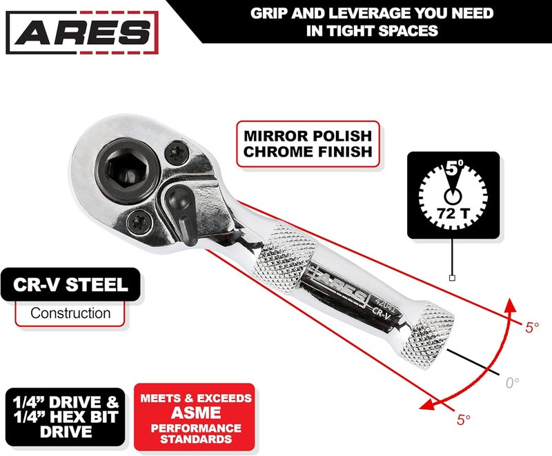 ARES 42041-1/4-Inch Drive 72-Tooth Stubby Ratchet and Bit Driver - Premium Chrome Vanadium Steel Construction & Mirror Polish Finish - Reversible Direction Head - Image 2