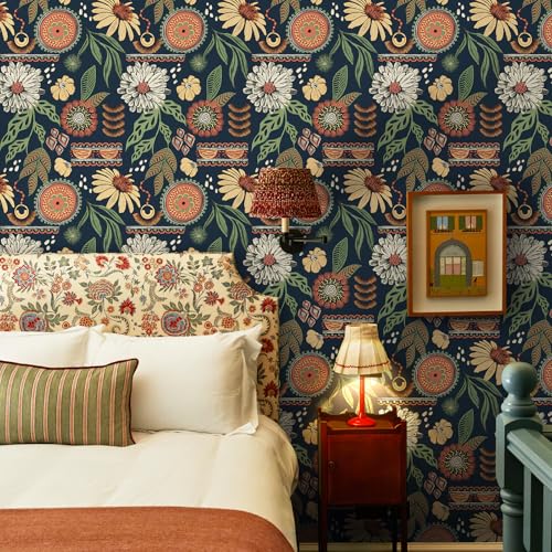 Simon&Siff Boho Peel and Stick Wallpaper, 17.3" x 480" Blue Sun Floral Retro Contact Paper Removable Self Adhesive Wall Paper for Cabinets Furniture Bedroom Nursery Bathroom Renter Friendly DIY Decor - Image 2