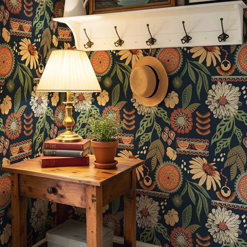 Simon&Siff Boho Peel and Stick Wallpaper, 17.3" x 480" Blue Sun Floral Retro Contact Paper Removable Self Adhesive Wall Paper for Cabinets Furniture Bedroom Nursery Bathroom Renter Friendly DIY Decor - Image 5