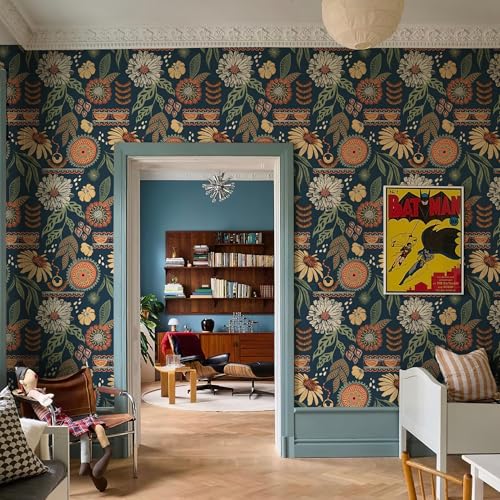 Simon&Siff Boho Peel and Stick Wallpaper, 17.3" x 480" Blue Sun Floral Retro Contact Paper Removable Self Adhesive Wall Paper for Cabinets Furniture Bedroom Nursery Bathroom Renter Friendly DIY Decor - Image 3