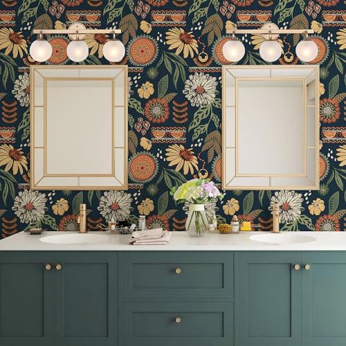 Simon&Siff Boho Peel and Stick Wallpaper, 17.3" x 480" Blue Sun Floral Retro Contact Paper Removable Self Adhesive Wall Paper for Cabinets Furniture Bedroom Nursery Bathroom Renter Friendly DIY Decor - Image 4