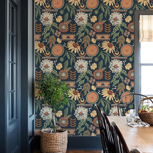 Simon&Siff Boho Peel and Stick Wallpaper, 17.3" x 480" Blue Sun Floral Retro Contact Paper Removable Self Adhesive Wall Paper for Cabinets Furniture Bedroom Nursery Bathroom Renter Friendly DIY Decor - Image 1