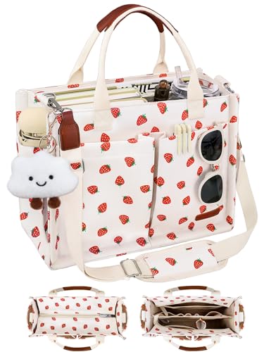 BESBESME Canvas Tote Bag for Women with Zipper, Compartments & Luggage Sleeve, Work and College Crossbody Bag, Laptop Purse for Teacher, Nurse, Travel, Bible Study, Beige Small Strawberry M - Image 1