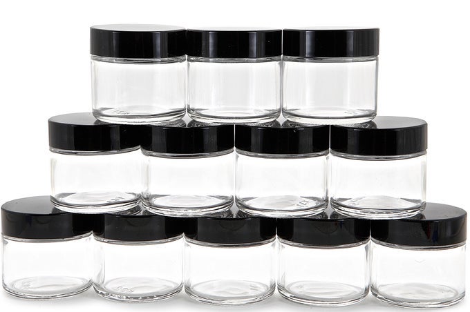 12 CLEAR 2 OZ ROUND GLASS JARS WITH INNER LINERS AND BLACK LIDS