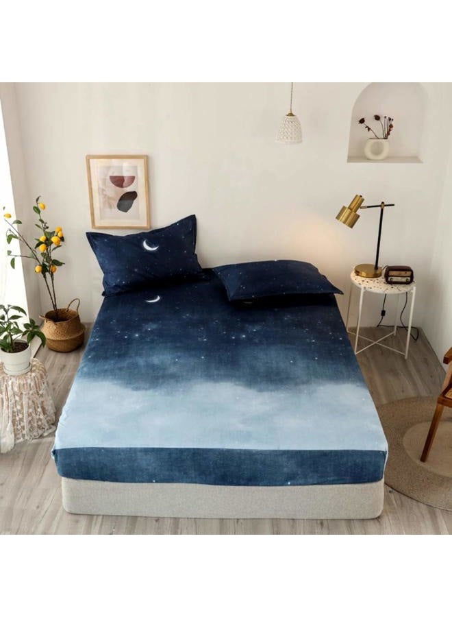 Feelyou Kids Galaxy Fitted Sheet Chic Starry Sky Bed Sheet Set Queen Size for Girls Boys Teens Bedroom Soft Moon Night Bedding Set Blue Watercolor Style Bed Cover with 2 Pillow Case - Image 1