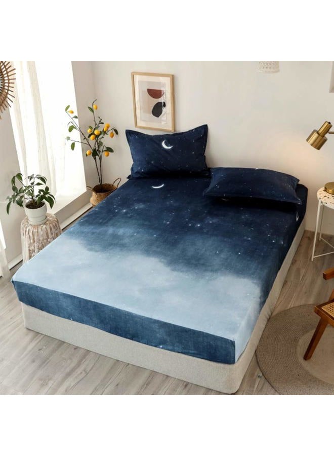 Feelyou Kids Galaxy Fitted Sheet Chic Starry Sky Bed Sheet Set Queen Size for Girls Boys Teens Bedroom Soft Moon Night Bedding Set Blue Watercolor Style Bed Cover with 2 Pillow Case - Image 2