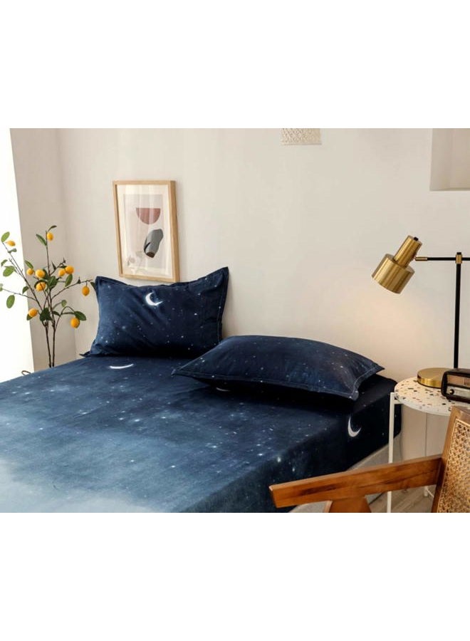 Feelyou Kids Galaxy Fitted Sheet Chic Starry Sky Bed Sheet Set Queen Size for Girls Boys Teens Bedroom Soft Moon Night Bedding Set Blue Watercolor Style Bed Cover with 2 Pillow Case - Image 4