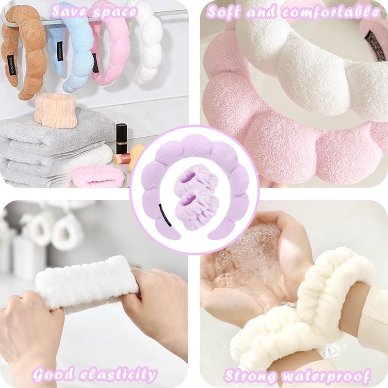 CORSULA 1Pcs Facial Spa Headband 2Pcs Wristband Combo Set,Sponge Spa Headband for Women, Purple Makeup Headband and Wrist Washband Set for Face Washing, Skincare, Shower, Makeup Removal… - Image 4