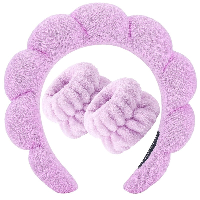 CORSULA 1Pcs Facial Spa Headband 2Pcs Wristband Combo Set,Sponge Spa Headband for Women, Purple Makeup Headband and Wrist Washband Set for Face Washing, Skincare, Shower, Makeup Removal… - Image 1